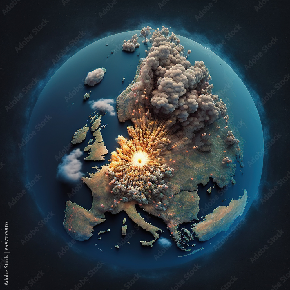 explosions on the globe, view from space. Generative AI - obrazy, fototapety, plakaty 