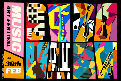 Music and Art Festival. Vector illustration of a set of abstract jazz backgrounds with musical instruments. Guitar, piano, saxophone and violin.