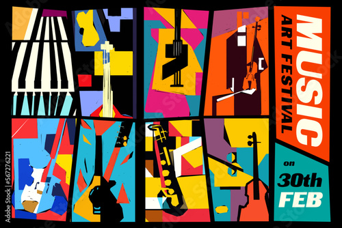 Music and Art Festival. Vector illustration of a set of abstract jazz backgrounds with musical instruments. Guitar, piano, saxophone and violin.