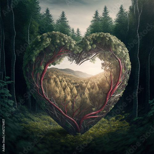 Obraz grafika przedstawiająca serce lasu. Wygenerowane przez sztuczną inteligencję