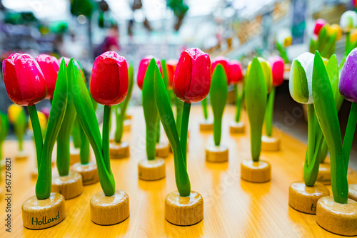 Wooden tulips at floating flower market in Amsterdam, Netherlands