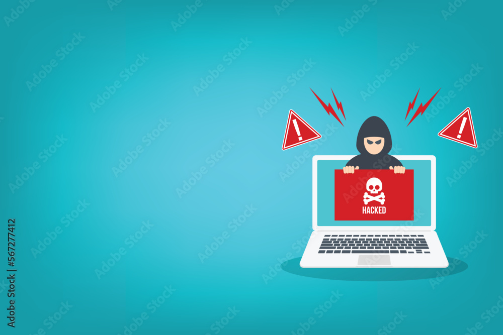 Hacker warning on laptop. Emergency alert of threat by hacker. Hacking concept. Flat vector illustration. Hacker warning on laptop. Emergency alert of threat by hacker. Hacking concept. Flat vector illustration.