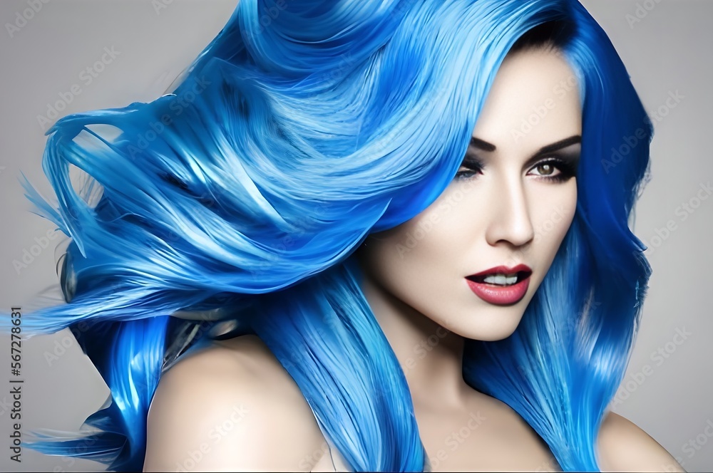 Stylized portrait of a beautiful white woman with blue electric long hair. generative ai. Stylized portrait of a beautiful white woman with blue electric long hair. generative ai.