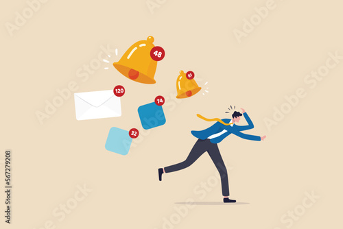 Annoy notifications disturbing pop up or online message sound, marketing or advertising push notifications concept, businessman running away from apps, email and ringing bell notifications.