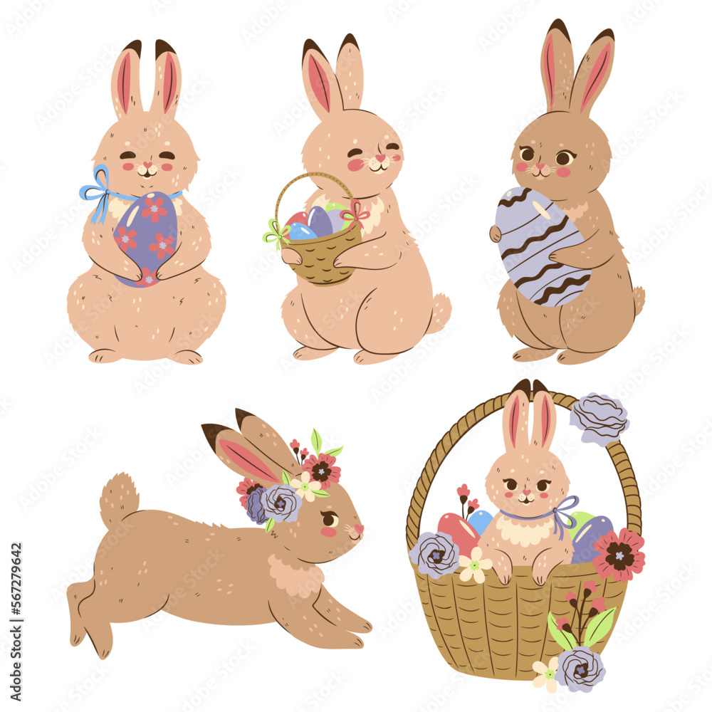 Set of cute easter bunnies isolated on white background. Vector graphics. Set of cute easter bunnies isolated on white background. Vector graphics.