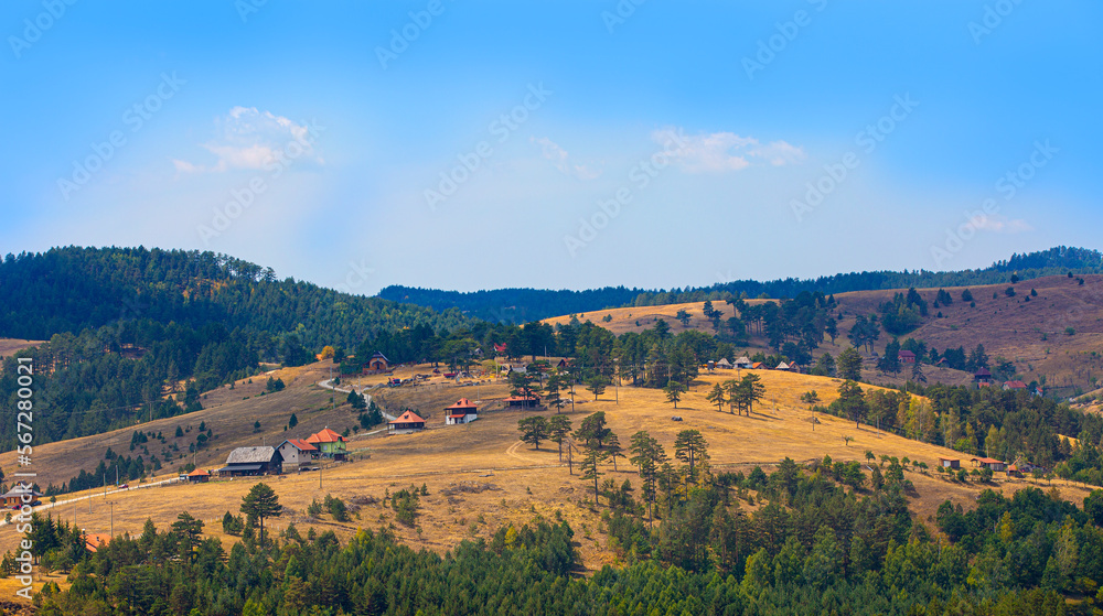 Panorama of mountain village. Valley in village