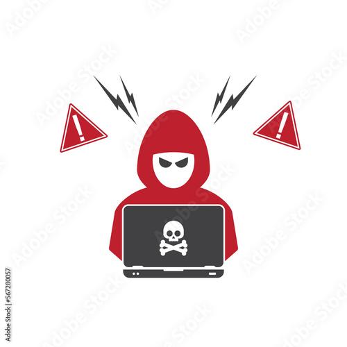 Hacker at laptop icon. Flat illustration of hacker at laptop vector icon for web design	