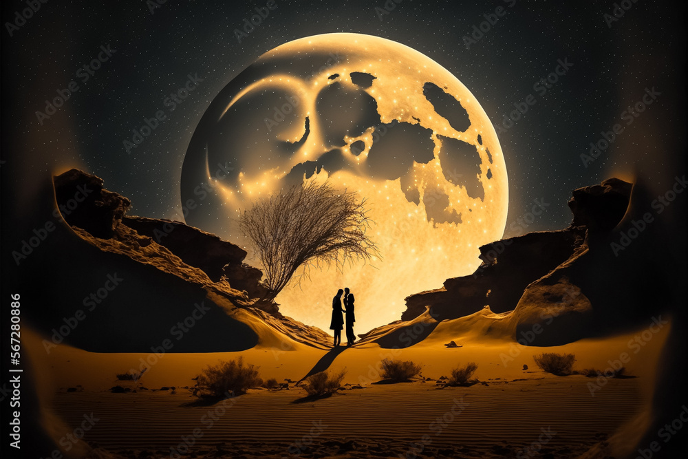 Fototapeta premium A romantic couple enjoying a date at a desert at night with a big full moon as background. Generative ai.