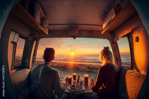 A young couple have breakfast in a van contemplating the sea at sunrise. Generative ai © David