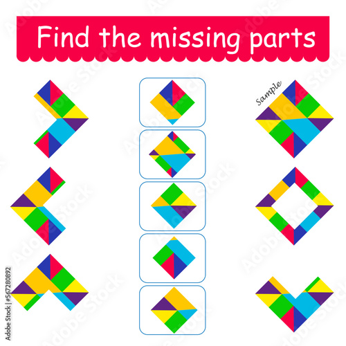 Mind game. Task for the development of logic for children. Find the missing pieces. Vector illustration