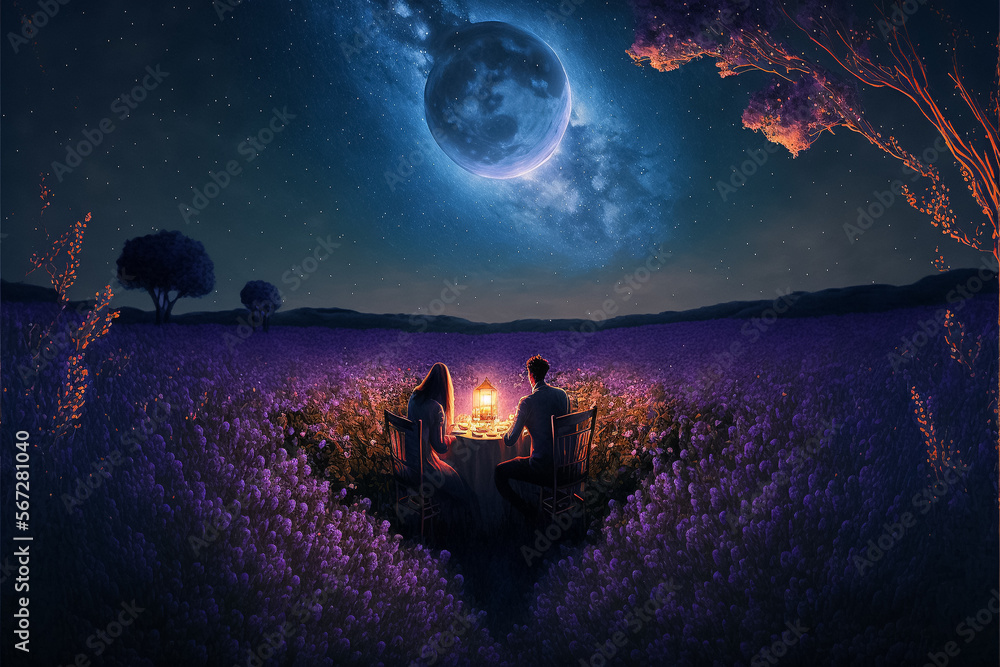 A romantic couple have dinner in a Lawanda field, contemplating the full moon. Generative ai.