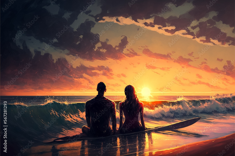 A romantic couple enjoys the sunset sat on a surf board in a beach in saint valentine's day. Generative ai. 