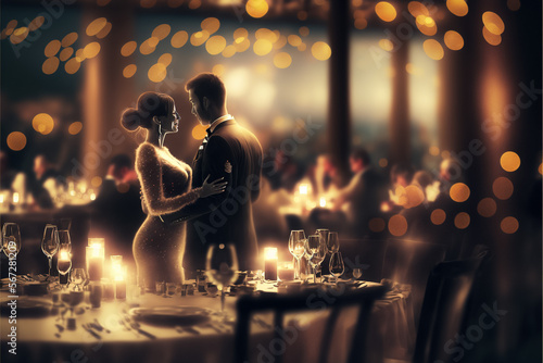A romantic couple dances in a luxury restaurant at night in Saint Valentine's day. Generative ai