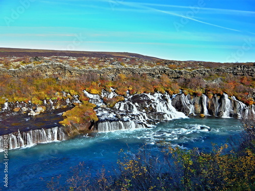Iceland-view of waterfalls Hraunfossar in lava