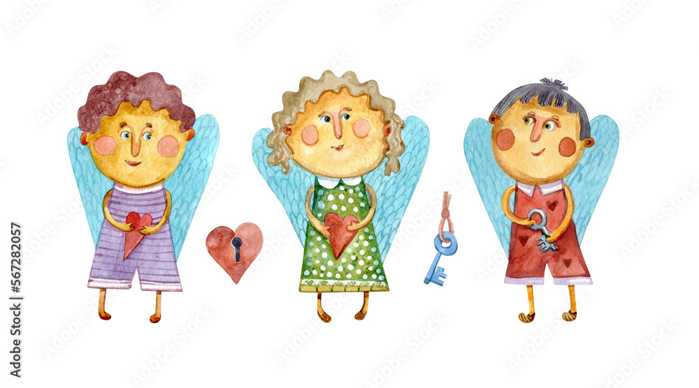 Watercolor illustration of cartoon boys and girls. Isolated on a white background, suitable for birthday and Valentine's day. Watercolor illustration of cartoon boys and girls. Isolated on a white background, suitable for birthday and Valentine's day.