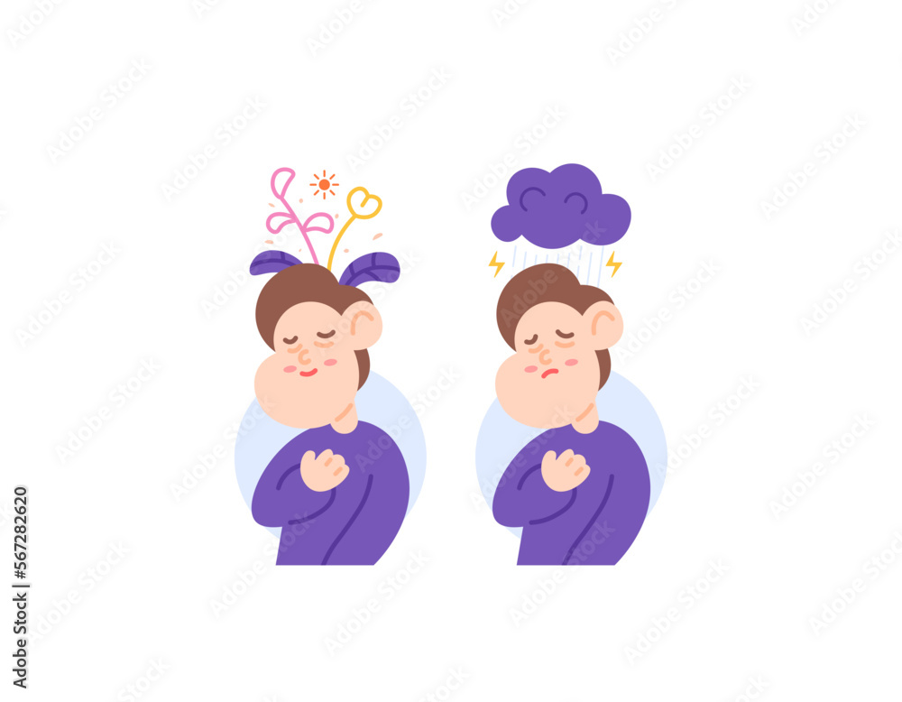mental health. happiness and sadness. a man who feels peace and a man who feels anxious. flower grow in head and cloudy head. positive thoughts and negative thoughts. illustration concept design mental health. happiness and sadness. a man who feels peace and a man who feels anxious. flower grow in head and cloudy head. positive thoughts and negative thoughts. illustration concept design