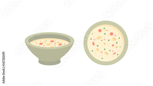 illustration of a bowl of potato soup with carrot slices, cream soup, cutlets, and vegetables. view from top and side. food illustration designs. graphic element