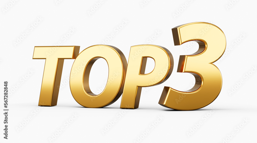 Top three. 3d Top 3 golden text isolated on white background. 3d illustration. Top three. 3d Top 3 golden text isolated on white background. 3d illustration.