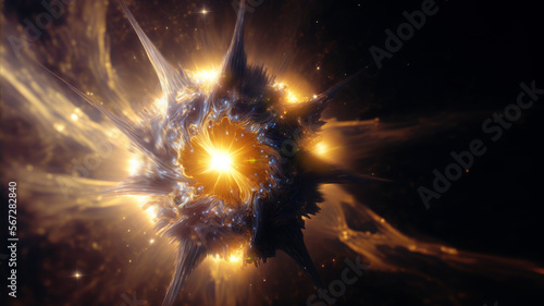 View of the birth of a star in space during a nebula explosion. Nuclear fusion of cosmic clouds of gas and dusts. Universe background. Generative ai