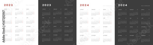 Set of 2023-2024 Annual Calendar template. Vector layout of a wall or desk simple calendar with week start Monday. Vertical Calendar design in black and white colors, holidays in red colors.