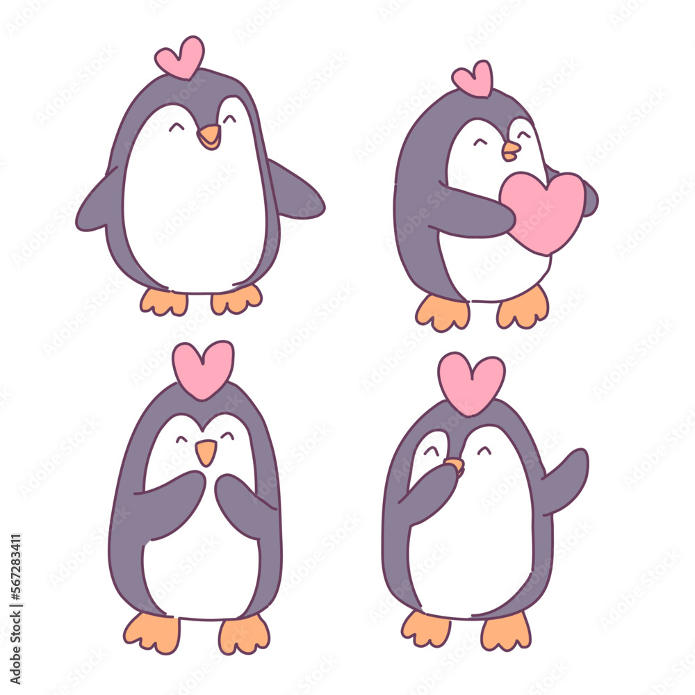 Naklejka premium Collection of big isolated hand drawn love elements set in Valentine concept, penguin in love, flat Vector illustration for Valentine's day invitation cards and page decoration