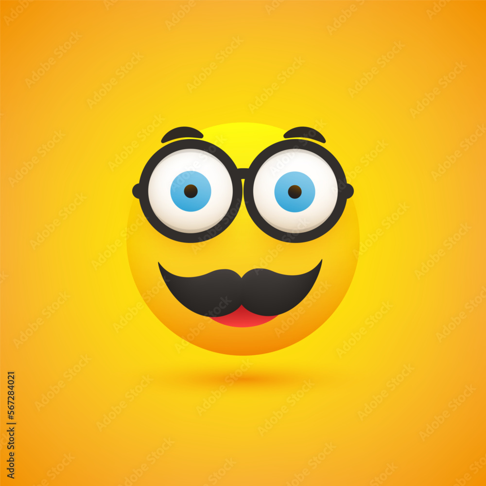 Smiling Emoji - Simple Happy Male Emoticon with Glasses and Mustache on Yellow Background - Vector Design for Web and Instant Messaging Apps