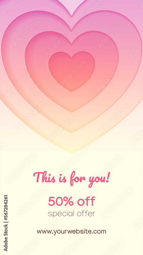 St. Valentine's day special offer template. Beautiful background decorated with shining heart. Editable templates for social networks and stories. Vector 10 EPS.
