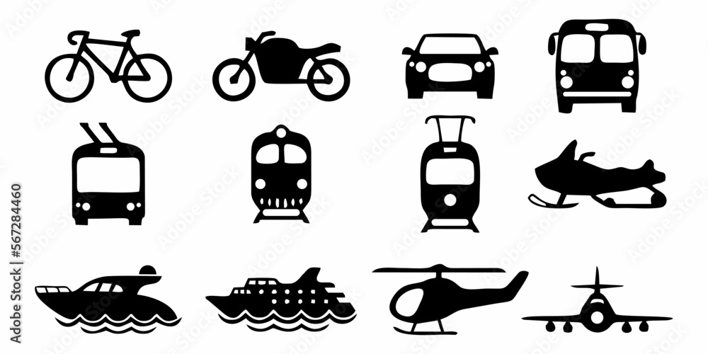 Transportation icons design elements. Set of icons byciccle, car, motor, bus, train, ship and more Transportation icons design elements. Set of icons byciccle, car, motor, bus, train, ship and more