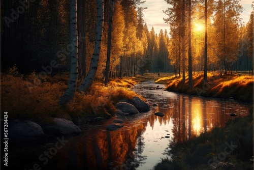 Autumn forest and forest stream at sunset - AI Generated