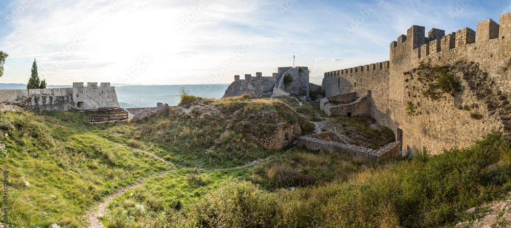 Panorama of ruins of a medieval castle with vegetation coming back