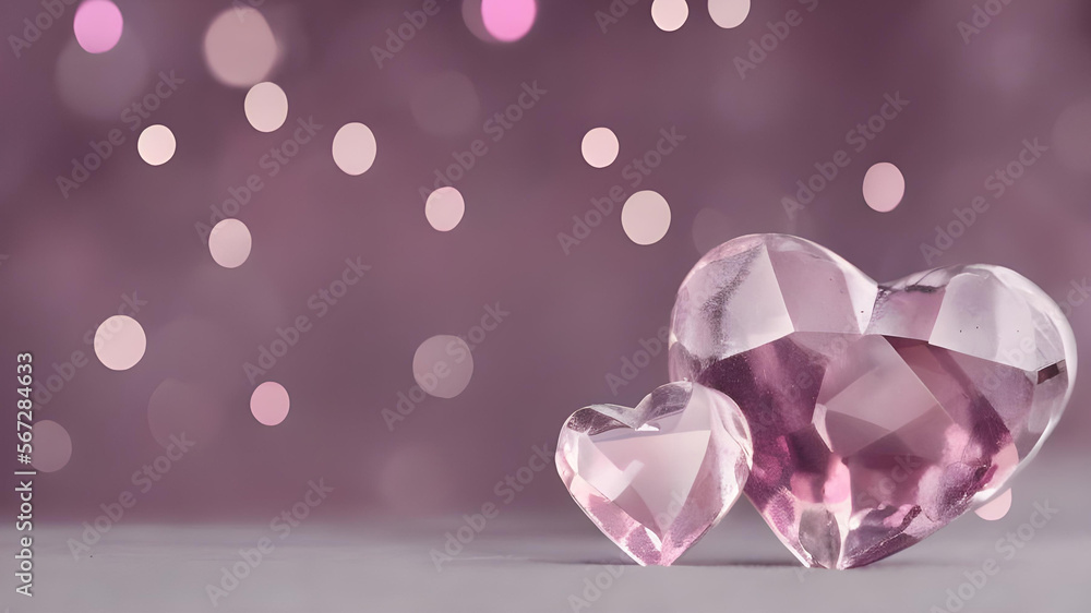 Two pink hearts, beautiful rose quartz crystal, soft purple and pink bokeh background. Happy Valentine's Day, Mother's Day, Women's Day, family, universal love, wallpaper, valentine, generative AI. - obrazy, fototapety, plakaty 