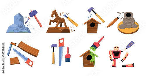 set of woodworker tools hobby vector illustration	
