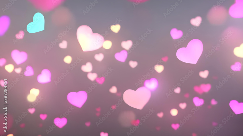 Happy valentines. Blurry pink glowing neon heart wallpaper. Y2k love nostalgia background. Glowing yellow and blue hearts soft noise background, party, valentine celebration joy and fun wallpaper