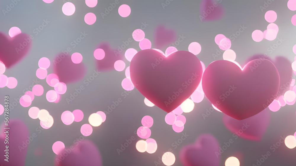 Valentines day party background. Floating hearts Wallpaper. Hearts with neon pink & golden orbs bokeh background. Sweet 90s love, vaporwave heart shapes backdrop, Y2K aesthetics
