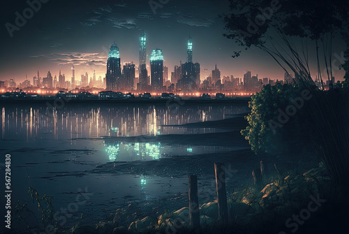 Beautiful landscape featuring a city skyline in the distance lit up at night. Generative AI.