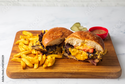 Homemade hamburger served w...