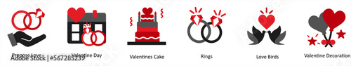 A set of 6 Valentine icons as propose love, valentine day, valentine cake