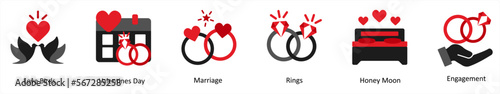 A set of 6 Valentine icons as love birds, valentine day, marriage