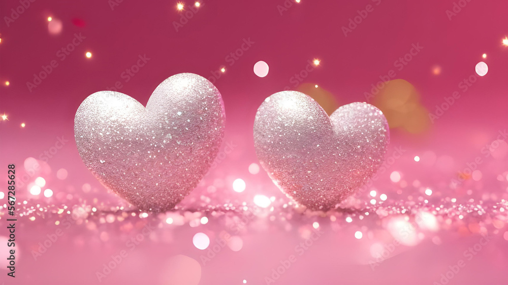 Love Wallpaper. Valentines Background. Two soft pink hearts and sparkly glitter on red backdrop. Flat lay, copy space, card, wallpaper, Valentine's Day concept love