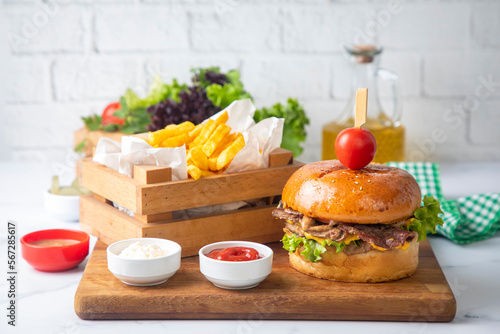 Homemade hamburger served w...