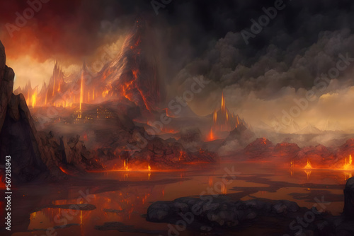 Muspelheim realm of the fire with volcano and magma. Fantasy nordic mythology and viking mythology. Generative AI photo