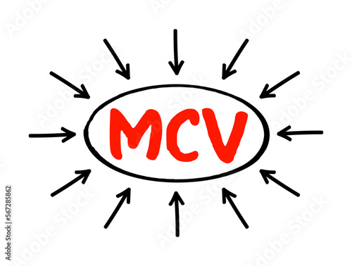MCV Mean Corpuscular Volume - measure of the average volume of a red blood corpuscle, acronym text concept with arrows