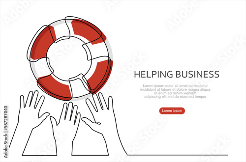 Continuous one line drawing of Drowning businessman getting lifebuoy. Business help, support, survival, investment concept. 