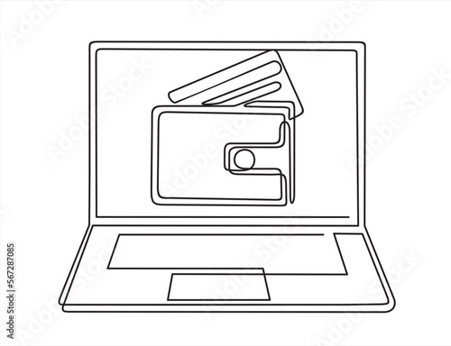 Continuous one line drawing of laptop and wallet with credit card inside. Poster laptop and bank cards icon. Electronic money funds transfer. Plastic card laptop software.
