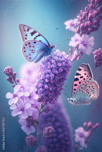 Delicate purple lavender flowers and butterflies. Spring background. IA generate