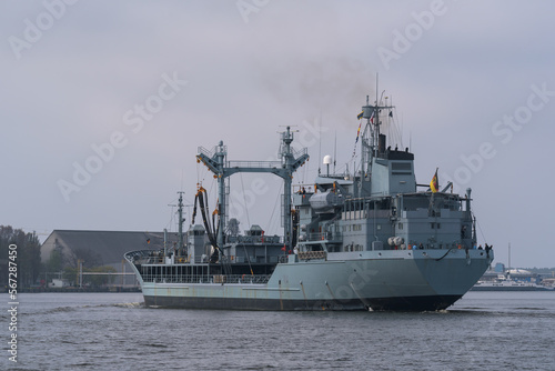 WARSHIP - A supply ship of the German Navy is sailing to sea port 