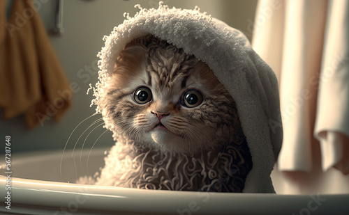 Wet cat in the bath in a towel. Generative AI.