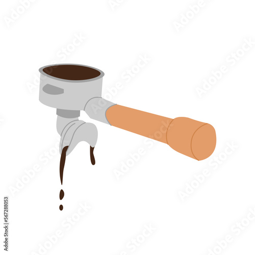 Coffee portafilter with hot freshly brewed speciality dripping coffee. Accessory for automatic coffee machine. Brewing methods. Hand drawn colored trendy minimalist vector flat style illustration.