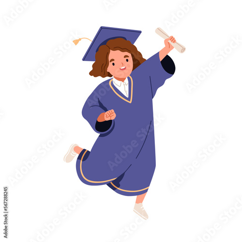 Graduating kid with diploma. School girl in graduation gown, cap. Cute little elementary student, happy child jumping with certificate. Flat graphic vector illustration isolated on white background