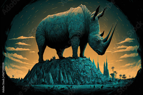 giant surreal ancient horned rhino with doom sky and dark energy  generative AI 